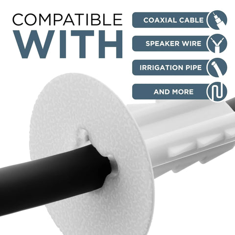 Feed-through bushing for RG6 coaxial cable, white plastic through-wall grommet