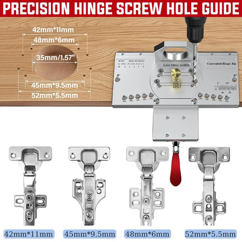 35mm Concealed Door Hinge Jig For Cabinets With Quick Clamp and precision hinge screw hole guide visible