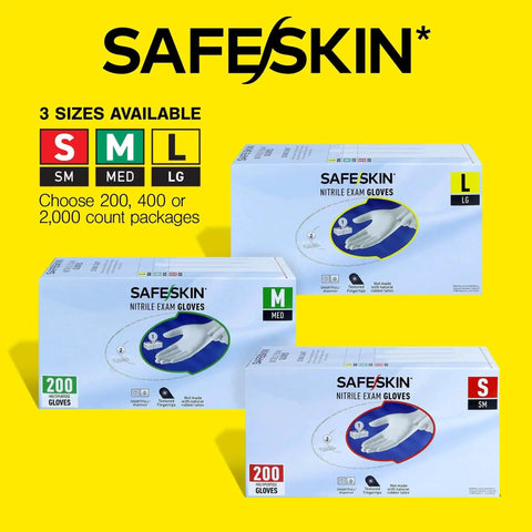 Disposable Nitrile Exam Gloves 3.5 Mil Powder Free Medical Dental 400 Ct, boxes showing available sizes S, M, L on yellow background