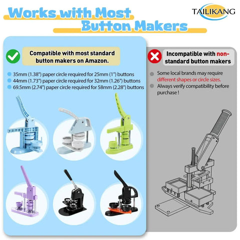 Compatibility guide for Heavy Duty Manual Lever Circle Punch And Button Cutter, showing different compatible button sizes and types.