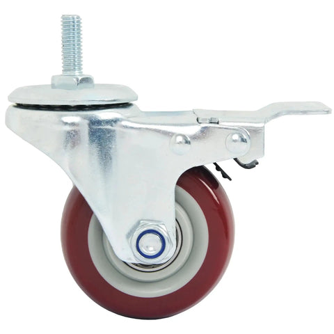 Heavy Duty Three Inch Swivel Caster Wheels Set Of Four With Three Eighths Inch Threaded Stem And Brakes Polyurethane Locking Castors