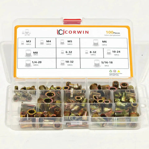 Simple Stroke Setting Rivet Nut Tool Kit with 100 Rivet Nuts in a plastic organizer case with labeled compartments.