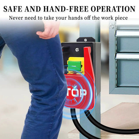 Emergency Stop Safety Switch With Large Red Stop Paddle For Hands Free Operation and Green Start Button installed on workbench