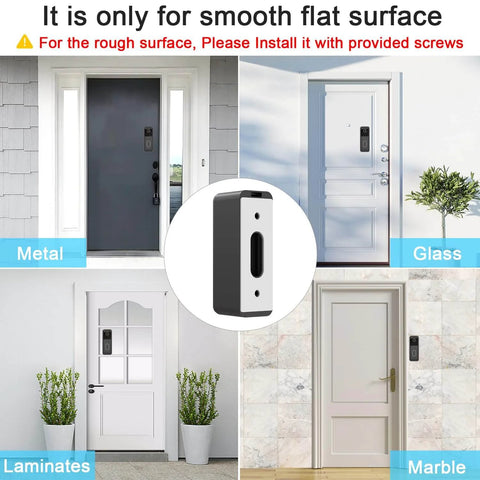 Adhesive Mount for Second Gen Video Doorbell No Drill Mounting Bracket on various door surfaces showing installation