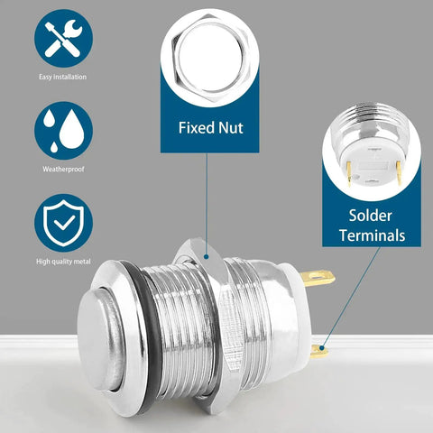 Side view of Six Pack 12mm Momentary Push Button Switches 2 Pin SPST 1NO Aluminum Alloy Round Shell IP66 Waterproof Panel Mount 12V 1A Silver