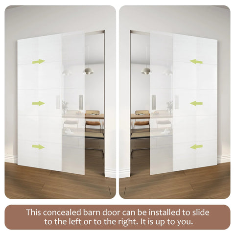 36X84 White Concealed Sliding Barn Door With Hidden Rail And Soft Close Hardware Kit, shown sliding both directions