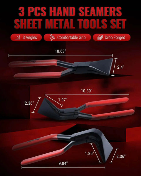 Hand Seamers Sheet Metal Tools Set with 3 Pliers for Bending Metal, Showing Straight, 45 Degree, 90 Degree Angles and Dimensions
