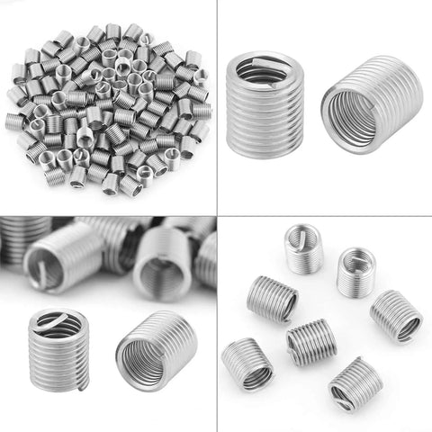 Stainless Steel M8 Helicoil Threaded Inserts Kit, 1.25 Pitch, 2D Length, 100 Pieces shown from different angles.