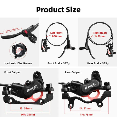 Z00M HB876 4-piston hydraulic disc brake set with front and rear calipers and 1450mm hose for MTB/eBike