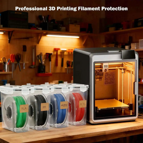 Filament Storage Box 4 Pack 4.0L Waterproof Dust Proof Container For 3D Printing Filament With Desiccant And Label DIY Dry Box Upgrade Accessories Included beside 3D printer