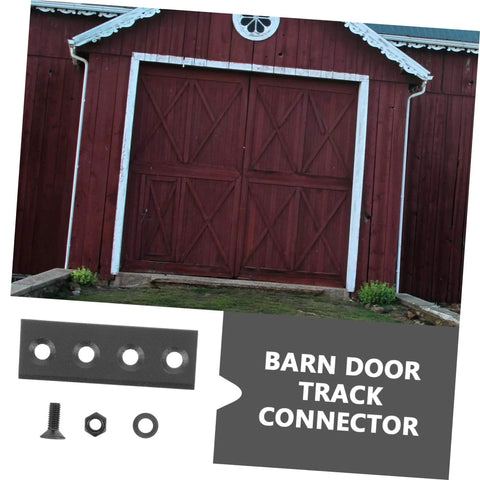 Sliding Barn Door Hardware Track Connector Set Black Finish For Repair And Replacement shown against a wooden barn door.
