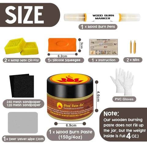 Wood Burn Paste Kit 4 Oz Gel For Easy DIY Wood Burning In Minutes with tools, gel jar, marker, squeegee, sandpaper, and gloves.