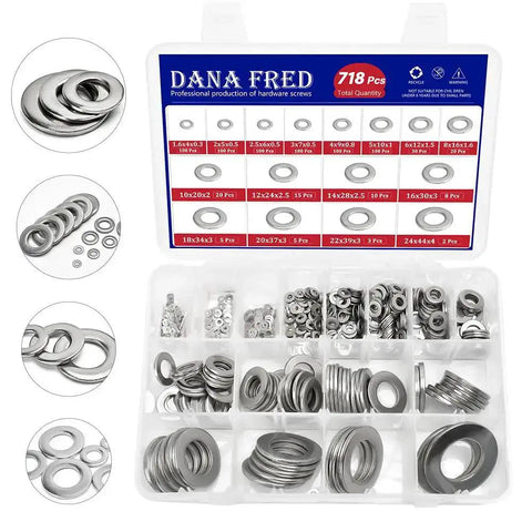 304 Stainless Steel Flat Washer Assortment Kit M1.6 To M24 With 718 Pieces In 16 Sizes for screws, spacers, hardware in plastic case
