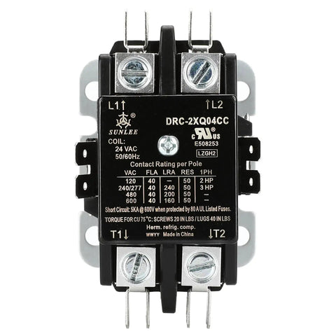 2 Pole 40 Amp AC Definite Purpose Contactor With 24 VAC Coil, Universal Fit, showing terminal connections and silver contacts