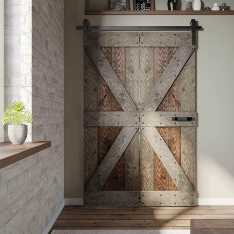 Front view of Embossed Bi Fold Barn Door With Sliding Hardware Kit In Dark Walnut Aged Barrel Finish, 3D Texture Pine Wood Surface