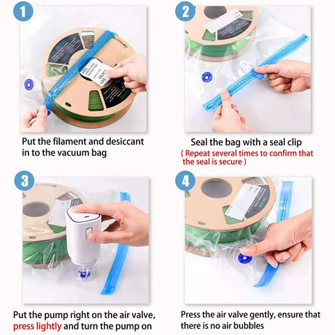 Steps to use Premium 30 Pack Large 32x34cm Vacuum Sealed Filament Storage Bags Kit With Auto Pump 30 Desiccants And Clips No Fuss for 3D Filament.