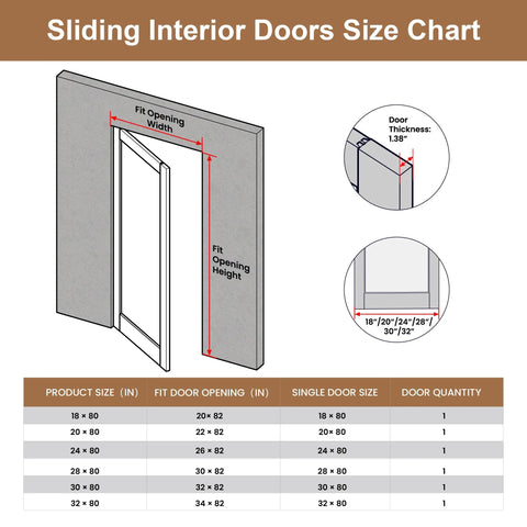 Sliding Interior Doors size chart with dimensions and specifications for door openings and thickness.