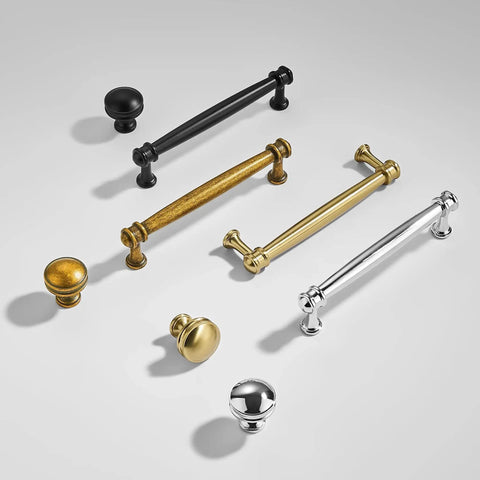 Variety of cabinet knobs and pulls, including 10 Inch Antique Brass Cabinet Pulls 2 Pack Heavy Duty Zinc Alloy Handles for kitchen use.