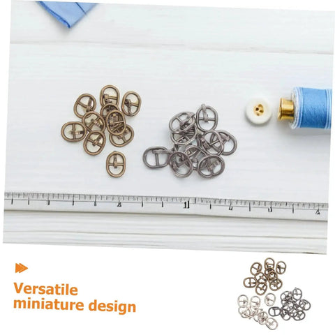 150 Pieces Mini Belt Fasteners Alloy Buckles For Sewing Crafts Small Metal Buckles With Single Prong For Doll Clothes Shoes Bags DIY Accessories And Your Go To Quick DIY Builds shown with sewing materials and ruler for scale.