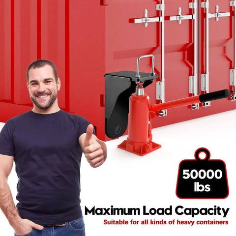 Third Generation Shipping Container Jack Lug Beefed-Up Heavy Duty Lug Leveler With U-Shaped Handle And Limiter Lifter displayed next to container.