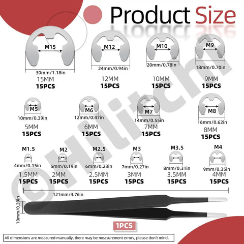 E Clip Assortment Kit 211Pcs In 14 Sizes 304 Stainless Steel With Tweezers Includes M1.5 M2 M2.5 M3 M3.5 M4 M5 M6 M7 M8 M9 M10 M12 M15 External Retaining Rings Snap Rings Cir Clips For Machinery DIY Projects shown with product sizes and tweezers.