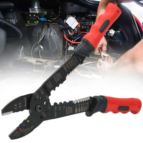 All-In-One Wire Crimping And Stripping Tool With Durable Carbon Steel Blades shown in automotive setting
