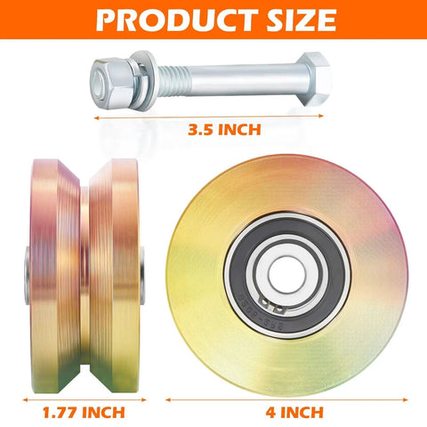 Beefy 4 Inch V Groove Gate Wheel Set For Sliding Doors With Solid V Track, size details and included screws and washers