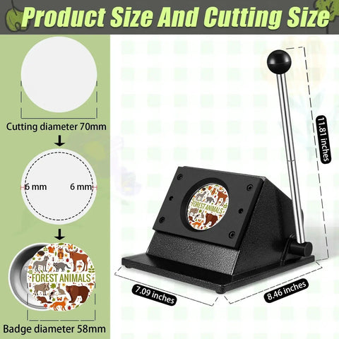 58mm Button Maker Circle Cutter Punch For Badges And DIY Crafts Pro Grade Heavy Duty Metal Paper Cutter showing dimensions