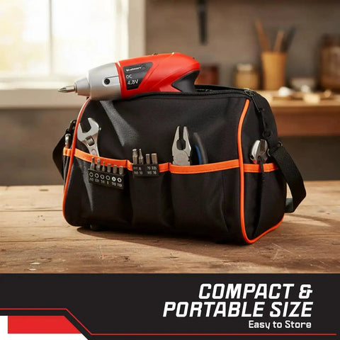 25-Piece Cordless Screwdriver Set With LED Work Light, Automatic Spindle Lock, and drill bit collection in red tool bag.