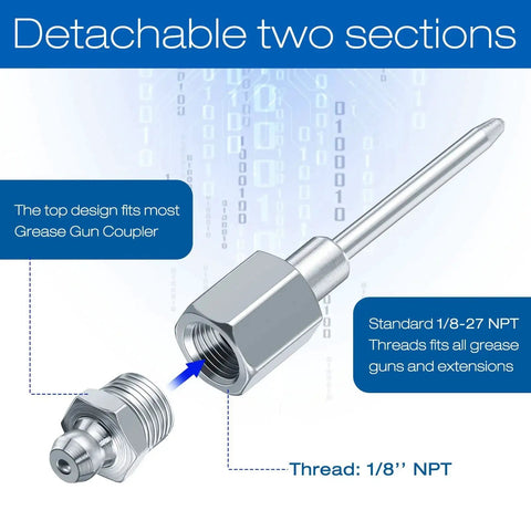 Detachable Needle Nose Grease Nozzle For Hand Operated Grease Gun With Narrow Needle Adapter, 1/8 Inch NPT Threads