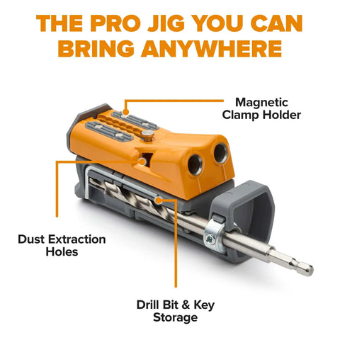 Pro Compact Pocket Hole Jig Kit With Auto Adjusting Drill Guide showing magnetic clamp holder and drill bit storage.