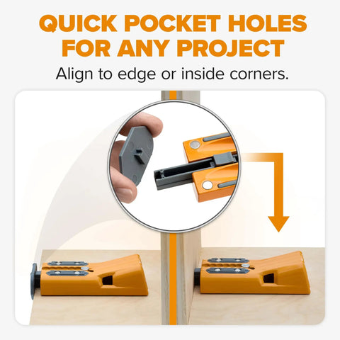Pro Compact Pocket Hole Jig Kit With Auto Adjusting Drill Guide demonstrated for edge alignment on wooden panels