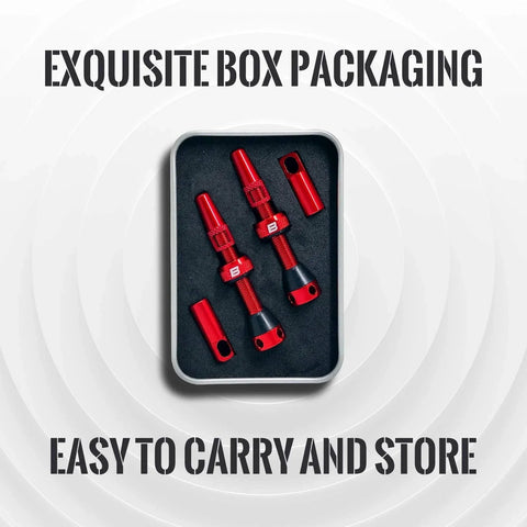 Tubeless Presta Valve Stem Kit Ultra Light Alloy With Removable Valve Cover O Ring And Lock Nut For A Tight Seal 40 44 55 60 65 80 100 Mm Includes Valve Core Remover Tool And Caps In Multiple Colors And Sizes Pair in box packaging