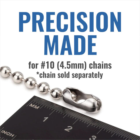 Number 10 B-Type Connector 100 Pack Stainless Steel For Beaded Ball Chain next to ruler emphasizing precision for 4.5mm chains