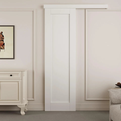 Sliding Barn Door With Hardware Kit, White Primed Solid Manufactured Wood Panel, Durable Track System, DIY Friendly Install