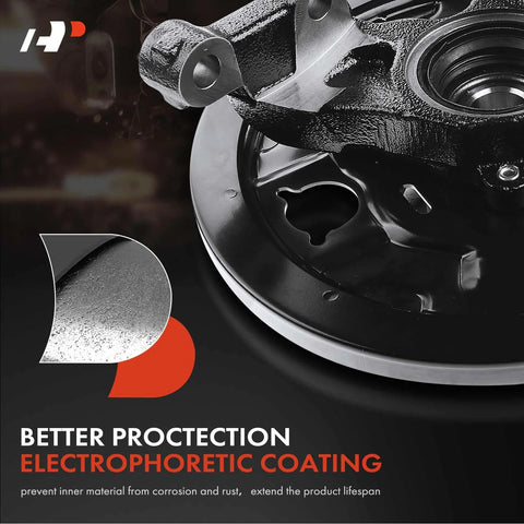 Close-up of rear left steering knuckle and wheel bearing hub assembly with electrophoretic coating for Subaru Forester 2001-2008.