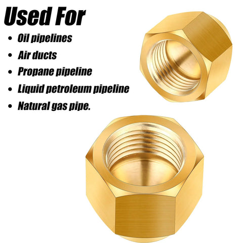 Brass pipe cap compression fittings, hex nut style, gold color, 2 pieces