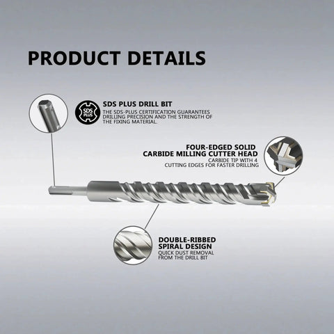 1 Inch Diameter 10.24 Inch SDS Plus Rotary Hammer Drill Bit For Masonry And Concrete Four Cut Design For Faster Drilling