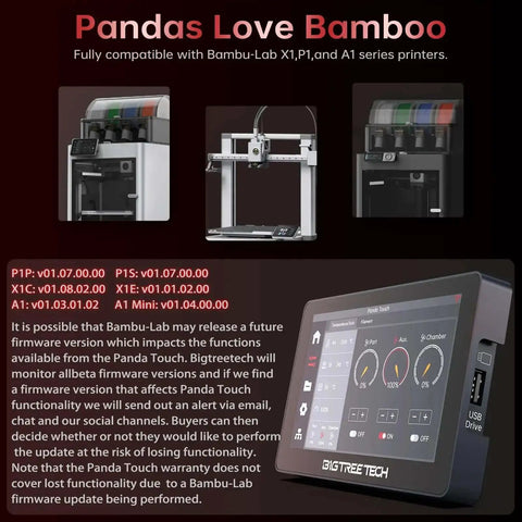 Panda Touch Upgrade Touch Screen Kit for Bambu Lab 3D Printers showcasing interface and compatibility display.