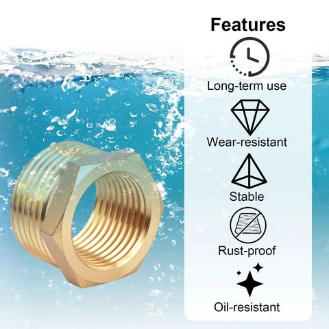 Brass Reducer Hex Bushing Set 3 4 NPT Male To 1 2 NPT Female Heavy Duty Threaded Pipe Fittings underwater highlighting features