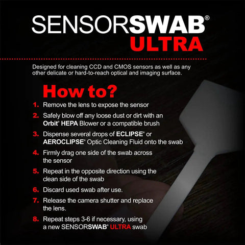 Sensor Swab Ultra 20mm Type 1 instructions for digital camera sensor cleaning, showing usage steps on black background.