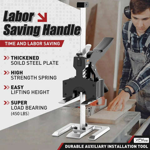 Labor Saving Arm Jack Handle 2 Pack for Lifting Tile Locating Height Adjustable on table, showing steel build and handle.