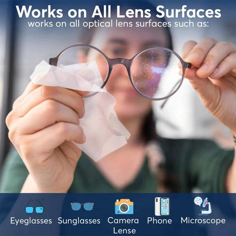 Lens Cleaning Wipes Pre Moistened And Individually Wrapped Safe For Eyeglasses showing use on glasses lens surface.