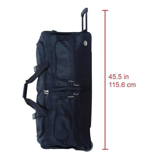 Soft Sided Rolling Duffel Bag 36 Inch Black With Heavy Duty Polyester Construction Inline Skate Wheels Retractable Hideaway Handle Side View