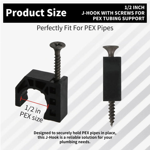 Two black plastic J-hook clamps with screws for 1/2 in PEX tubing