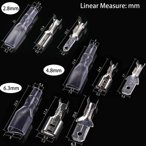540-piece spade connector kit with insulated 2.8mm, 4.8mm, and 6.3mm male/female crimp terminals for wiring