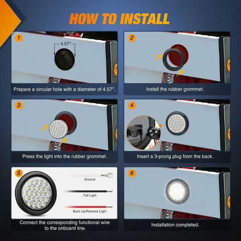 Installation guide for Badass 4 Inch Round LED Trailer Tail Lights Set of 4 showing step-by-step process with grommet and wiring details.
