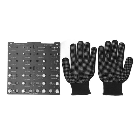 Aluminum Alloy Thread Checker Bolt Nut Identifier Board With 28 Holes For Metric And SAE Threads alongside black gloves.