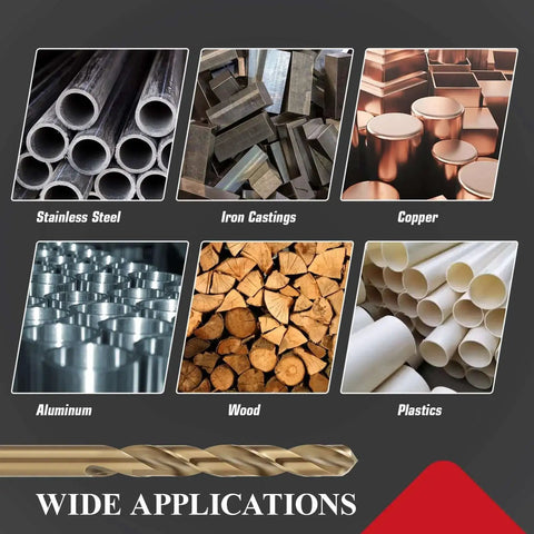 Image showing applications for the 13 Piece Cobalt Drill Bit Set With M35 High Speed Steel 1/16 Inch To 1/4 Inch for various materials.