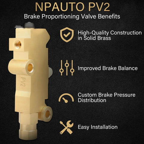 PV2 brake proportioning valve in brass, front/side view with multiple ports for disc front and drum rear brakes.